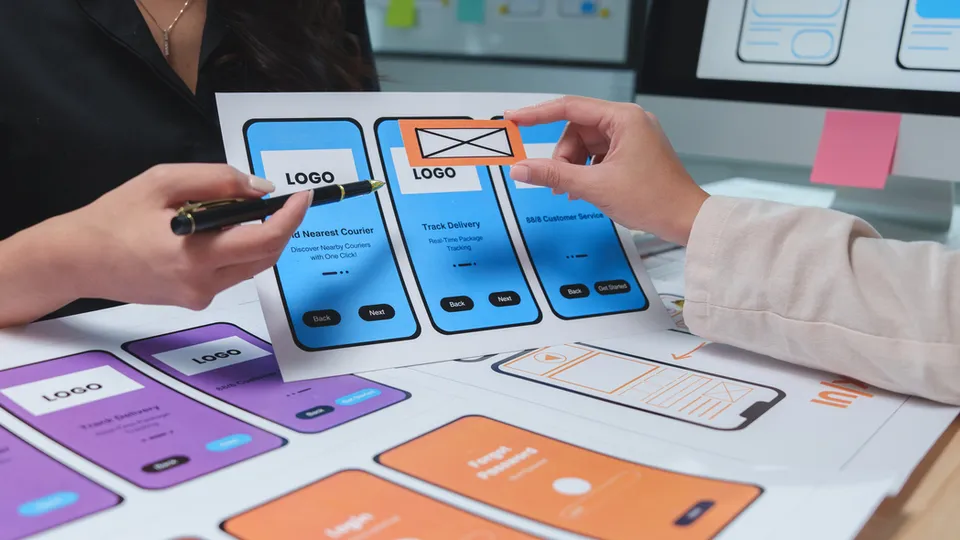 Illustrative photo: Hands arranging paper prototypes of mobile app screens.