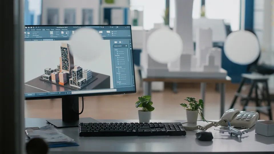 Illustrative photo: Monitor displaying a three-dimensional architectural model.