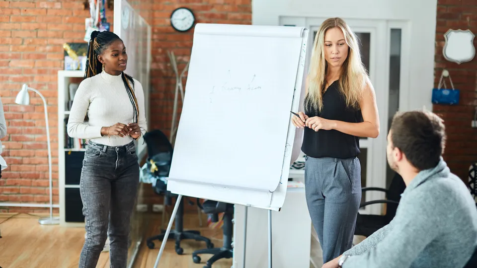 Illustrative photo: Woman addressing colleagues beside a blank flip chart.