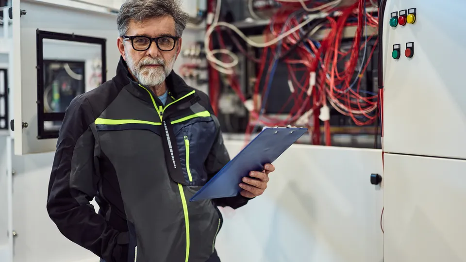 Illustrative photo: Technician with a clipboard standing beside an electrical control cabinet.