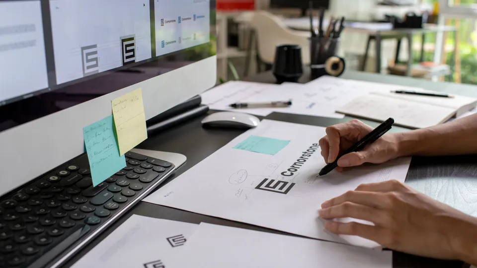 Illustrative photo: Designer sketching logo concepts beside a monitor.