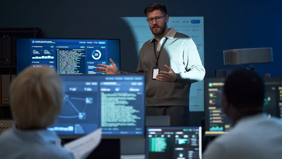 Illustrative photo: Instructor presenting technical dashboards to a team.